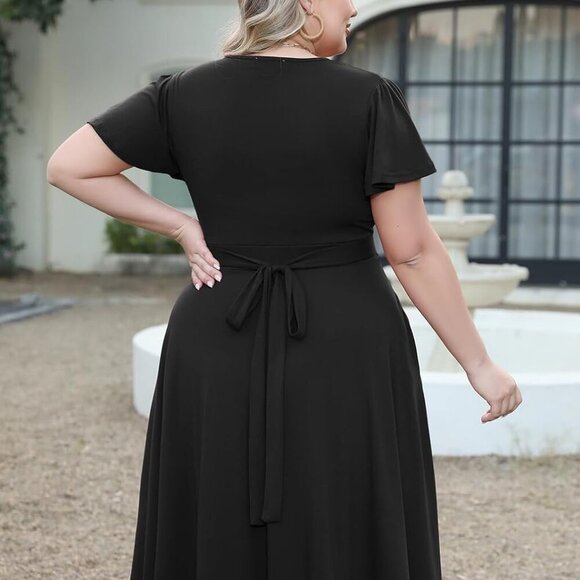 Plus Size Casual V Neck Short Sleeve Midi Dress with Pockets and Adjustable Wais - Picture 2 of 5